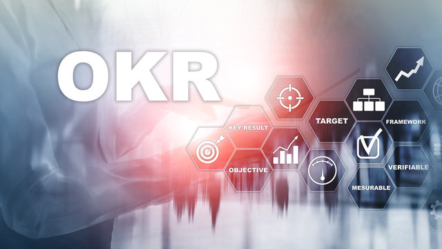 OKR - objective key result concept. Mixed media on a virtual structured screen. Project management