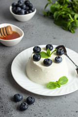 Italian ricotta cheese on a white plate with fresh blueberries, mint and honey on grey background. Selective focus, copy space. 
