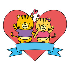 cute couple tiger animals heart love ribbon
