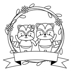 cute couple raccoon animals wreath flowers