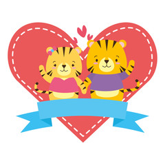 cute couple tiger animals heart love ribbon