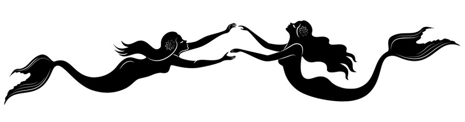 Silhouette of two mermaids. Beautiful girls swim in the water, dance. The lady is young and slim. Fantastic image of a fairy tale. Vector illustration