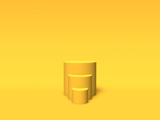 Podium, pedestal or platform gold color on yellow background. Abstract illustration of simple geometric shapes. 3D rendering.