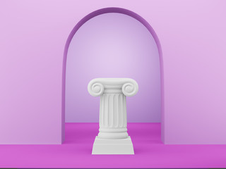 Abstract podium column on the fuchsia background with arch. The victory pedestal is a minimalist concept. 3D rendering.