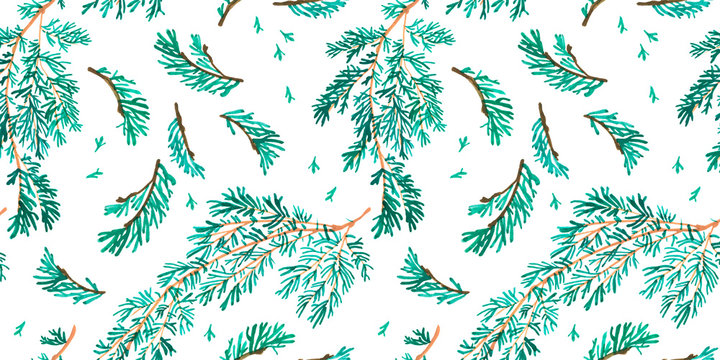Christmas seamless pattern for festival white background design. Winter sale fair branding. New Year celebration greeting card. Pine cone xmas branches with leaves isolated fir on snow color