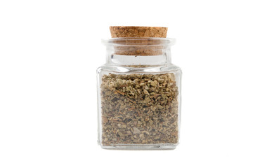 salvia or sage in glass  jar on isolated on white background. front view. spices and food ingredients.