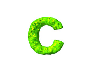 green alien flesh font - letter C in monstrous style isolated on white background, 3D illustration of symbols