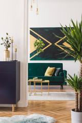 Modern and luxury interior of living room with shelf, gold coffee table velvet sofa, pillows, tropical plant and elegant accessories. Design paintings on the wall. Stylish home decor. Template