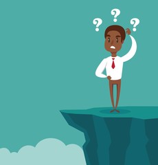 Gap on way to success. black african american businessman standing in front of abyss. Business challenge concept. Vector illustration flat design. Problem solving. Overcoming obstacles.