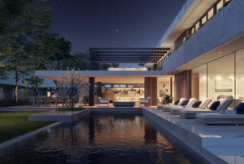 Modern house exterior design at night with swimming pool 3D Rendering