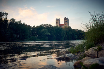 The Flaucher at the Isar in munich with Catholic Rectory St. Maximilian in Munich, Germany