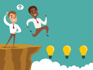black african american businessman jumping over cliff gap. Concept of business risk and success. Business competition vector illustration