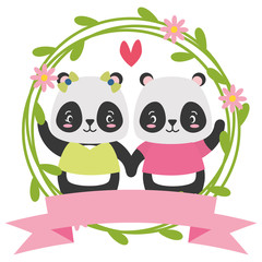 cute couple panda animals wreath flowers