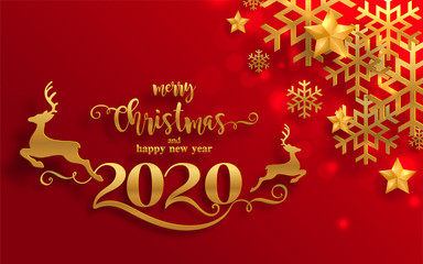 Fototapeta na wymiar Merry christmas greetings and Happy new year 2020 templates with beautiful winter and snowfall patterned paper cut art and craft style on paper color background.
