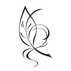 one stylized leaf with curls in black lines on a white background