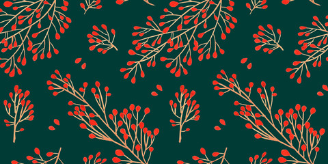 Green Christmas seamless pattern for festival background design. Winter sale fair branding. New Year seasonal celebration greeting card. Pine cone xmas branches with leaves isolated fir on green color