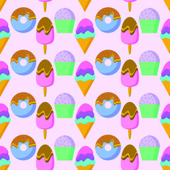 EPS 10 vector. A seamless pattern with cute ice creams, donut and cupcake.