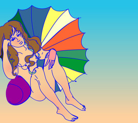 sunbathing girl under a colored umbrella