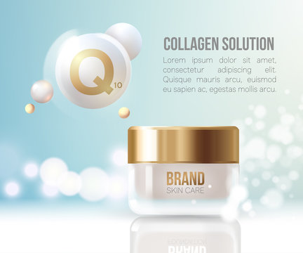 Regeneration cream.Water. Coenzyme Q10. Collagen Serum and Vitamin Background Concept Skin Care Cosmetic.Container mockup, cosmetic bottle package,bank.Elegant Background.