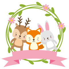 Obraz na płótnie Canvas cute deer fox and rabbit animals wreath flowers