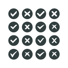 Green check mark and red cross icon set. Circle and square. Tick symbol in green color, vector illustration