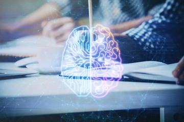 Man with multi exposure atificial intelligence brain icons.