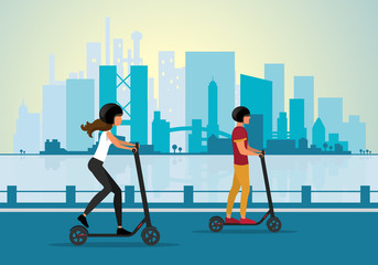 Couple riding electric scooter with a cityscape background