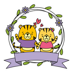 cute couple tigers animals wreath flowers