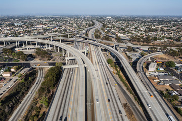 Aerial view of the 105 freeway at the 110 freeway south of downtown in Los Angeles, California.