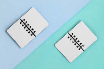 Two open paper notebooks on a diagonal colored backround. Top flat lay view with blue green pastel background.