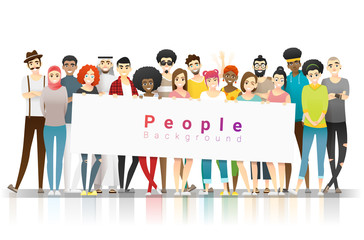 Diversity concept background , group of happy multi ethnic people standing together and holding empty banner , vector , illustration