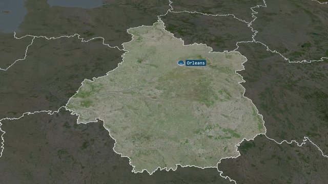 Centre-Val de Loire - region of France with its capital zoomed on the satellite map of the globe. Animation 3D