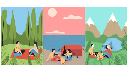 Obraz na płótnie Canvas Man and woman sitting on red blanket in park. People watching sunset on the beach. A couple camping in mountains. Concept of hiking, adventure tourism, camping, travel. Flat vector illustration