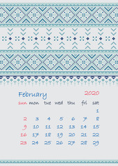 2020 Page of Calendar planner with ethnic cross-stitch ornament Week starts on Sunday February month Collection of Balto-Slavic ornaments