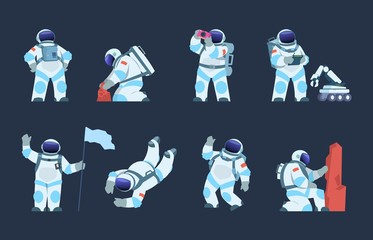 Astronaut character. Cartoon spaceman design, cosmonaut in motion, taking selfie flying and walking with helmet and flag. Vector flat explorer in spacesuit set © SpicyTruffel