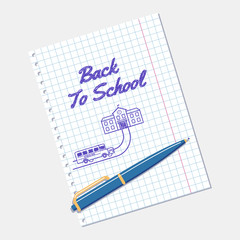 Drawing on the checkered sheet of exercise book and pen. Bus and school building