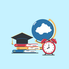 School supplies in flat style. Globe, books, cap and alarm clock.