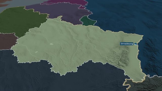 Grand Est - region of France with its capital zoomed on the administrative map of the globe. Animation 3D