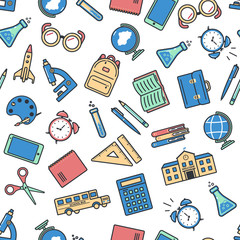 Seamless school pattern. Back to school. Colorful icons for education on white background.