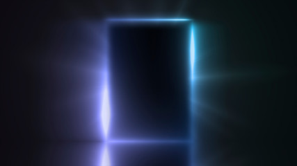 Light from the door of a dark room, abstract mystical glowing exit, discovery, background, open door template, mock up. Empty dark interior room almost close wayout
