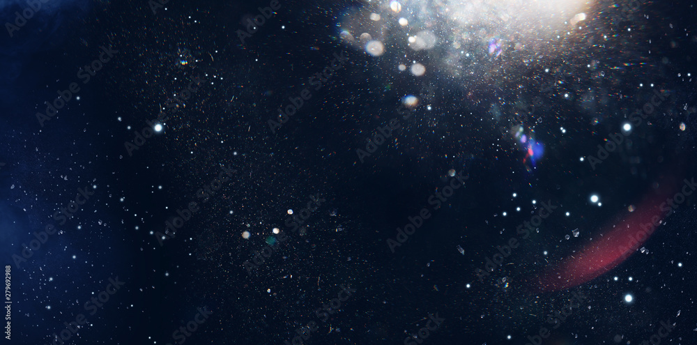 Leinwandbilder Lens Flare. Light over black background. Easy to add overlay or screen filter over photos. Abstract sun burst with digital lens flare background. Gleams rounded and hexagonal shapes, rainbow halo.