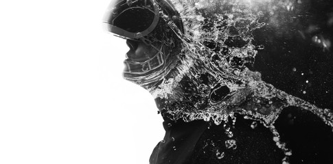 Double exposure of female face, clock, water and galaxy. Abstract woman portrait. Digital art. Girl...