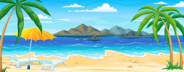 Fototapeta na wymiar Sea beach summer landscape. Ocean coast beautiful panorama with water sand and palms, vacation travel banner. Vector horizontal tropical background with blue ocean and sunny beaches
