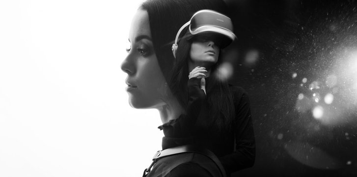 Double exposure of female face. Abstract black and white woman portrait. Digital art. Augmented reality, game, future technology concept. VR. White background. Free space for text.