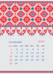 2020 Page of Calendar planner with ethnic cross-stitch ornament Week starts on Sunday November month Collection of Balto-Slavic ornaments