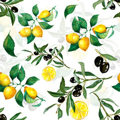 Obraz premium Watercolor seamless pattern of lemon, lemon slices, olives and olive branch. excellent design for packaging, wrapping paper textile, menu, card, banner and etc
