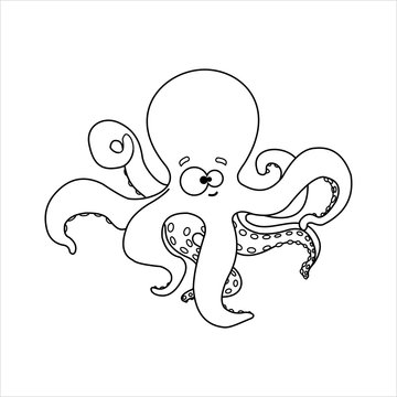 Octopus. Smiling octopus With Suckers On Tentacles. Friendly Octopus. For Children's Coloring Books. Outline Vector Image on white background.