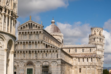 Architectural details of the Baptistery, the Cathedral (Duomo), and the Leaning Tower of Pisa. Piazza dei Miracoli, Pisa, Tuscany, Italy