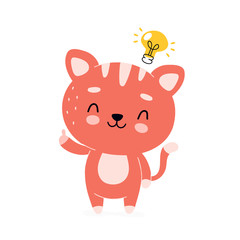 Cute happy smiling cat with lightbulb