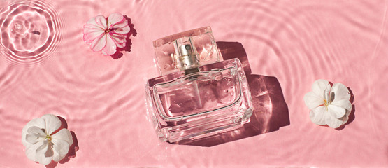 Glass Cosmetic bottle in the water on the pink background flat lay. Top view